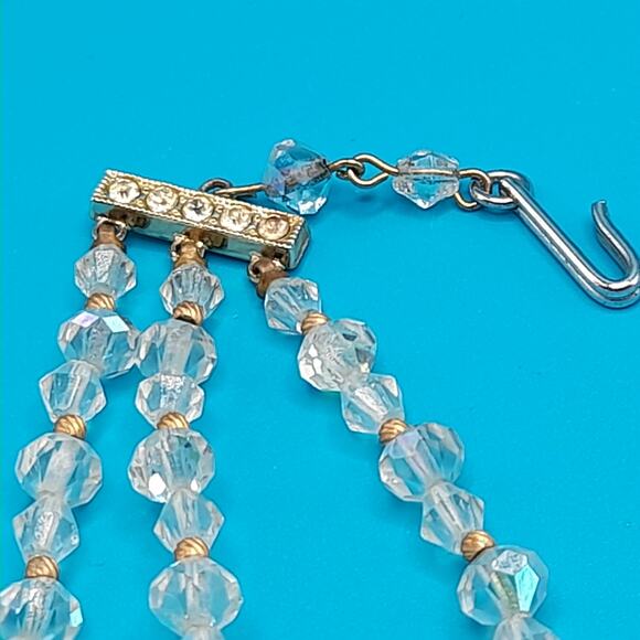 Vintage 1960s Crystal Bead Necklace, Three Strands, Rhinestone End Bars, 17" - Picture 6 of 10